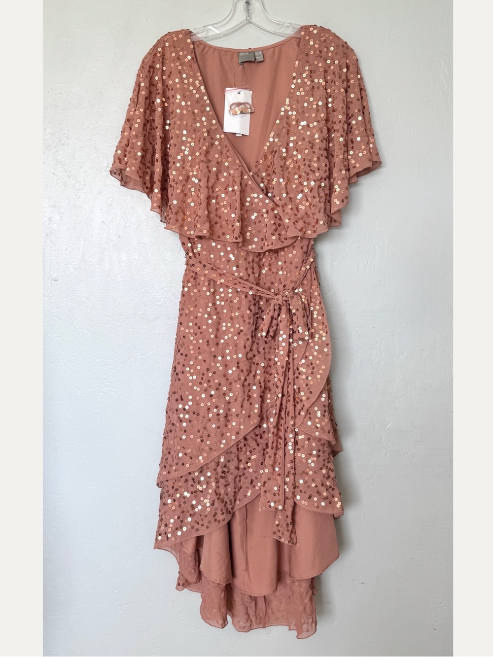 ASOS Sequin Flutter Sleeves Cape Back High-Low Midi Dress Copper/Rose Size 12